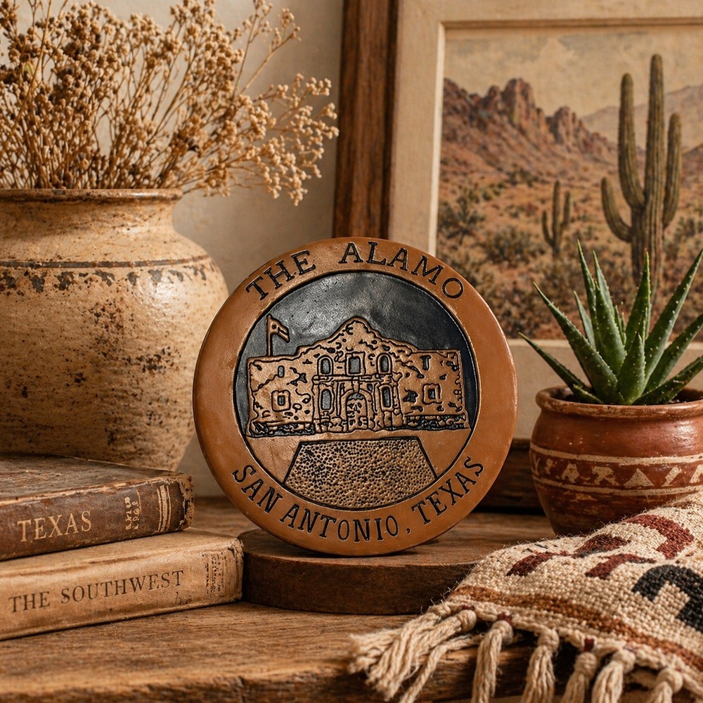 The Alamo San Antonio Texas Terracotta Clay Trivet Vintage Souvenir 7 inch Round